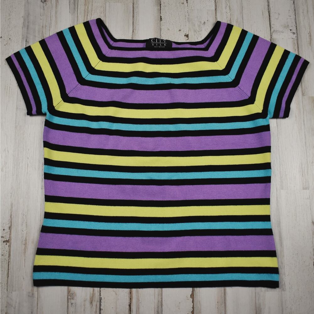 Vintage Silk Blend Top Medium Purple Striped Stretch Knit Coquette 90s Y2K Chic